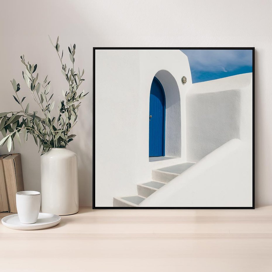 Obraz w ramie 50x50 - Powitanie Wyspy - Santorini, drzwi - rama czarna