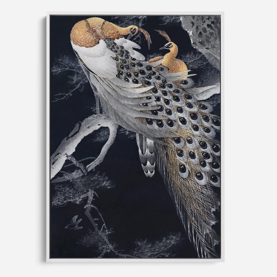 Obraz w ramie 80x120 - Japońskie Pawie - japońska grafika, pawie - rama biała