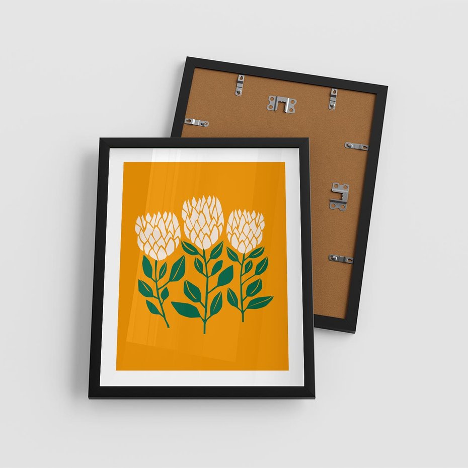 Plakat w ramie 40x50 - Kolorowe Impresje - abstrakcyjna kwiatowa kompozycja, żółte mocne tło - rama czarna