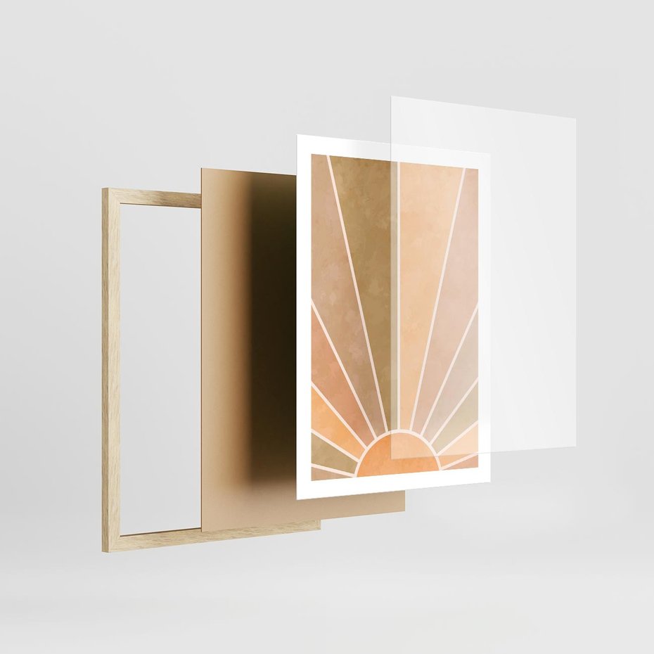 Plakat w ramie 50x70 - Grafika Boho w Odcieniach Pomarańczu - boho słońce, grafika - rama drewno