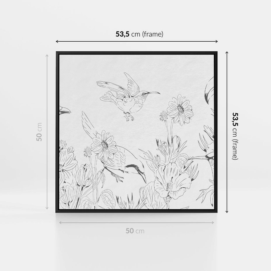 Obraz w ramie 50x50 - Tropiki w Monochromie - czarno biały szkic, tropikalne ptaki - rama czarna
