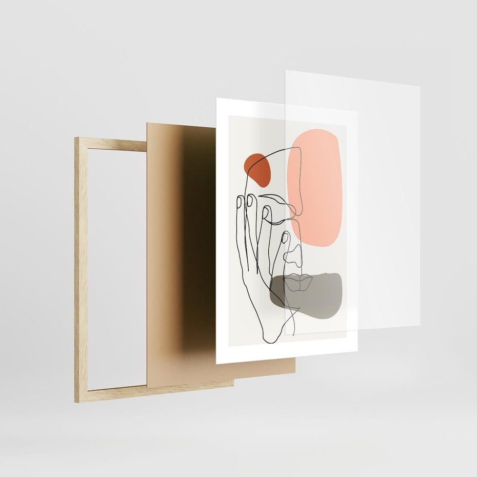 Plakat w ramie 30x40 - Ekspresja Kolorów: Szkic - one line szkic twarzy, kolorowe plamy - rama drewno