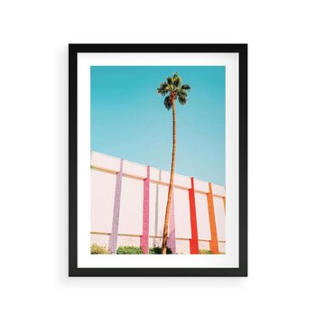 Plakat w ramie 30x40 - Tropikalny Kontrast - palma na tle błękitnego nieba, kolorowy mur - rama czarna