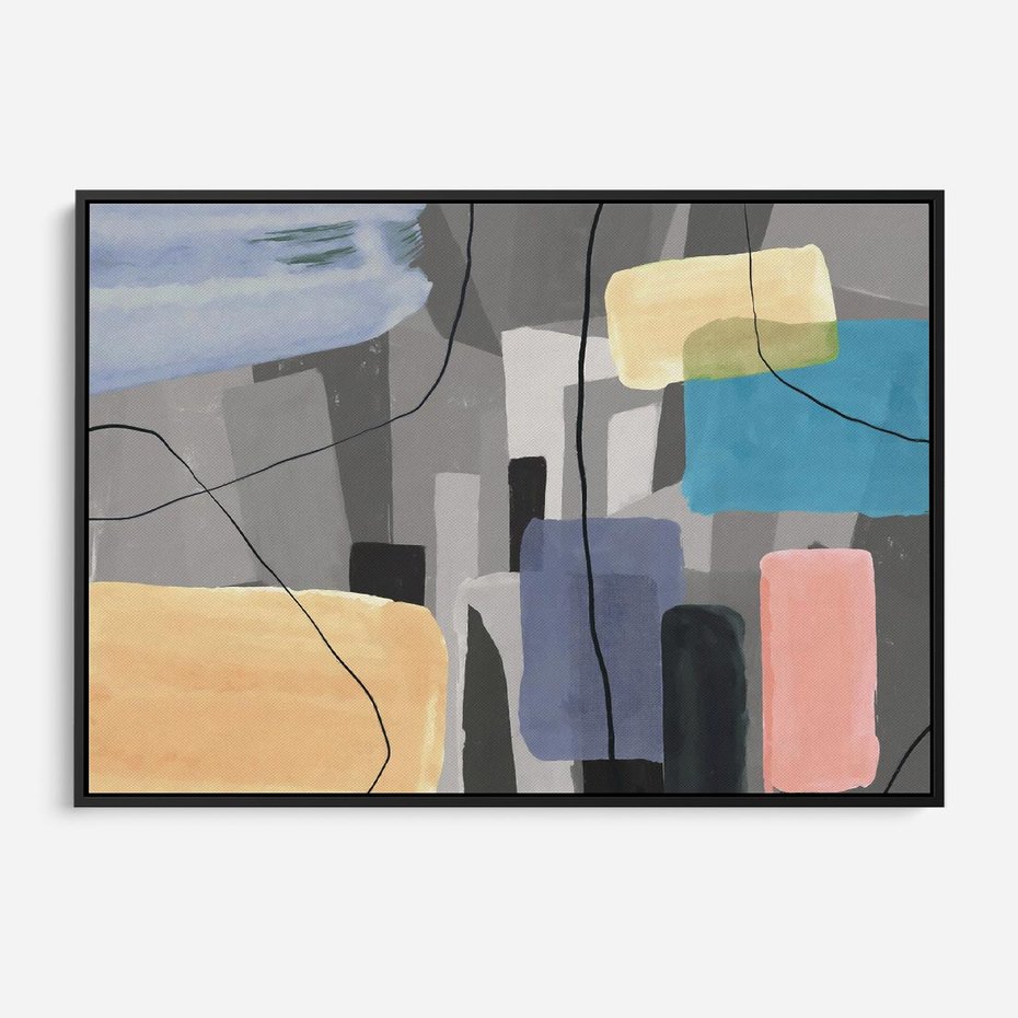 Obraz w ramie 100x70 - Harmonia w chaosie serca - abstrakcja na szarym tle, kolorowe plamy koloru - rama czarna