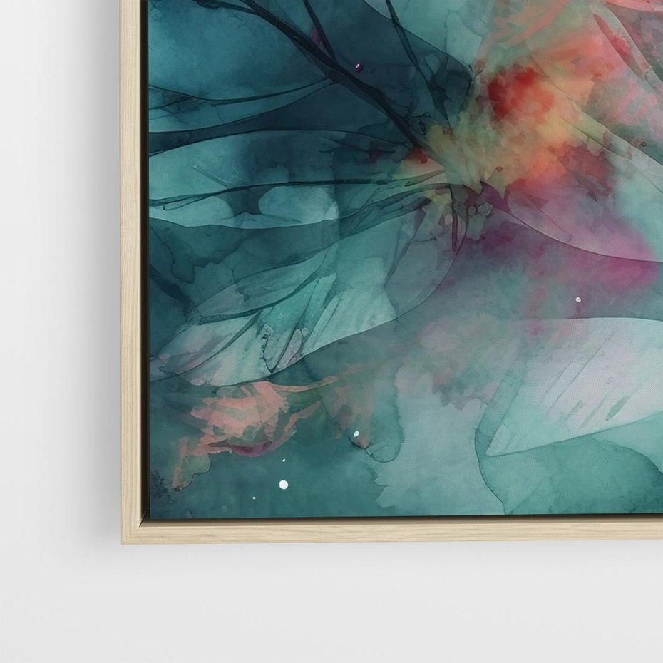 Obraz w ramie 80x80 - Subtelne Zielone - pastelowe zielone liście, róż - rama drewno