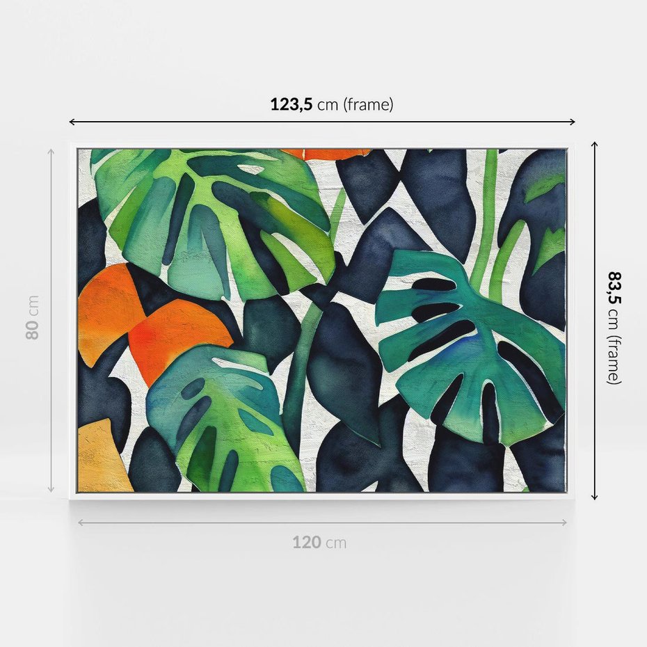 Obraz w ramie 120x80 - Tropikalne Pragnienia - akwarela, liście tropikalne - rama biała
