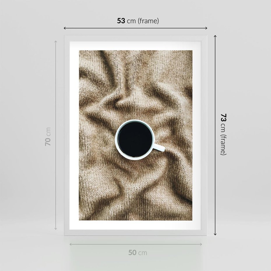 Plakat w ramie 50x70 - Filiżanka Kawy na Brązowym Kocu - kawa, czarna kawa - rama biała