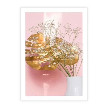 Plakat bez ramy 21x30 - Złoty Akcent - złoty liść montery, gipsówka