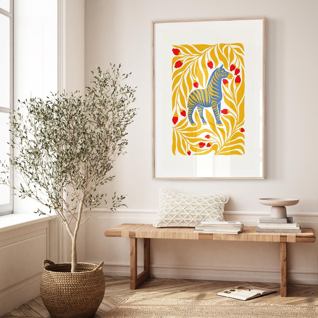 Plakat w ramie 50x70 - Zebra w Nowoczesności - abstrakcyjna nowoczesna grafika, pośrodku zebra - rama drewno