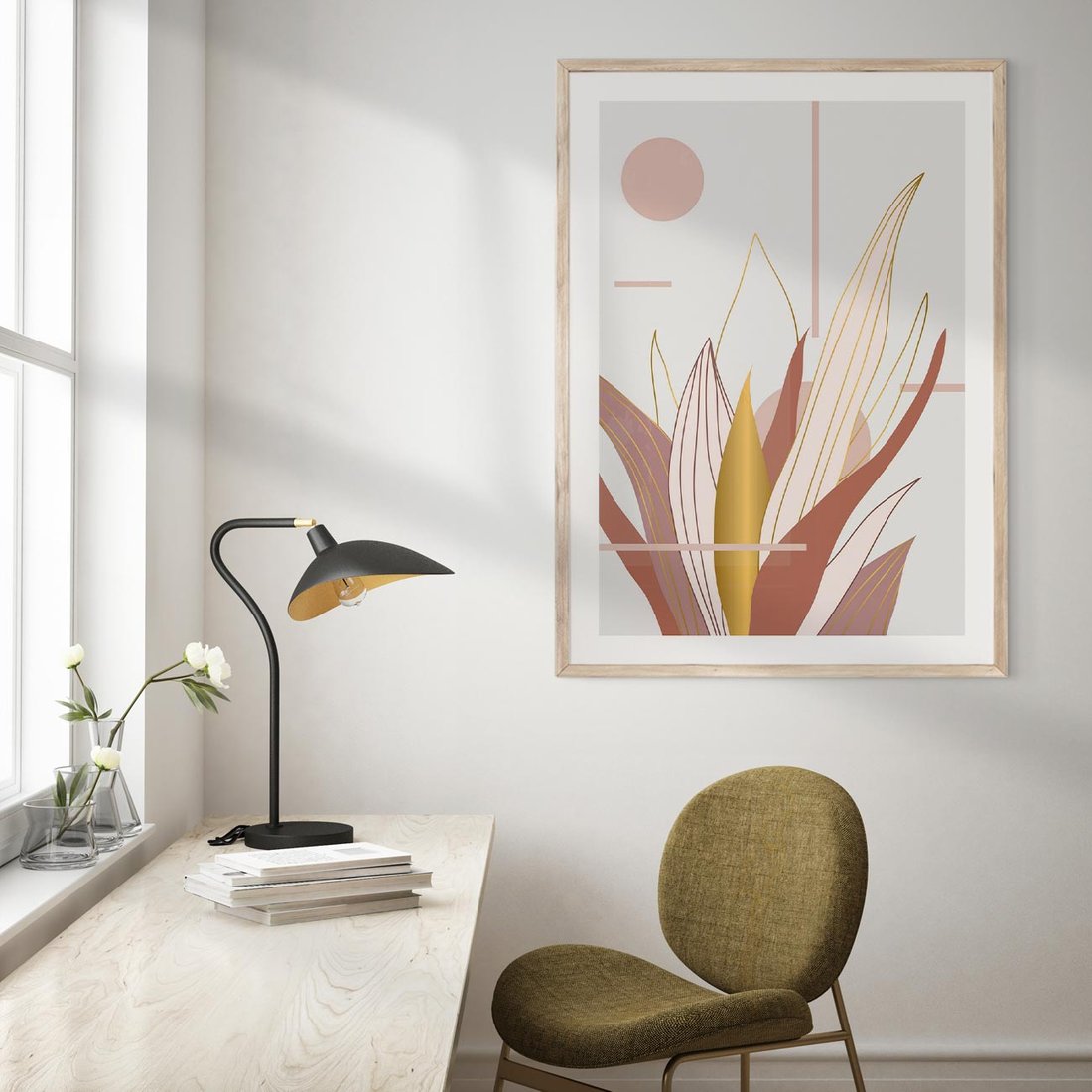 Plakat w ramie 40x50 - Złota Grafika Liści: Wyjątkowa Dekoracja - liście, złoto - rama drewno