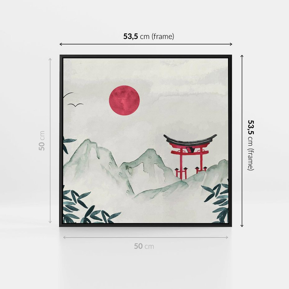 Obraz w ramie 50x50 - Słońce nad Górami - japoński krajobraz, góry - rama czarna
