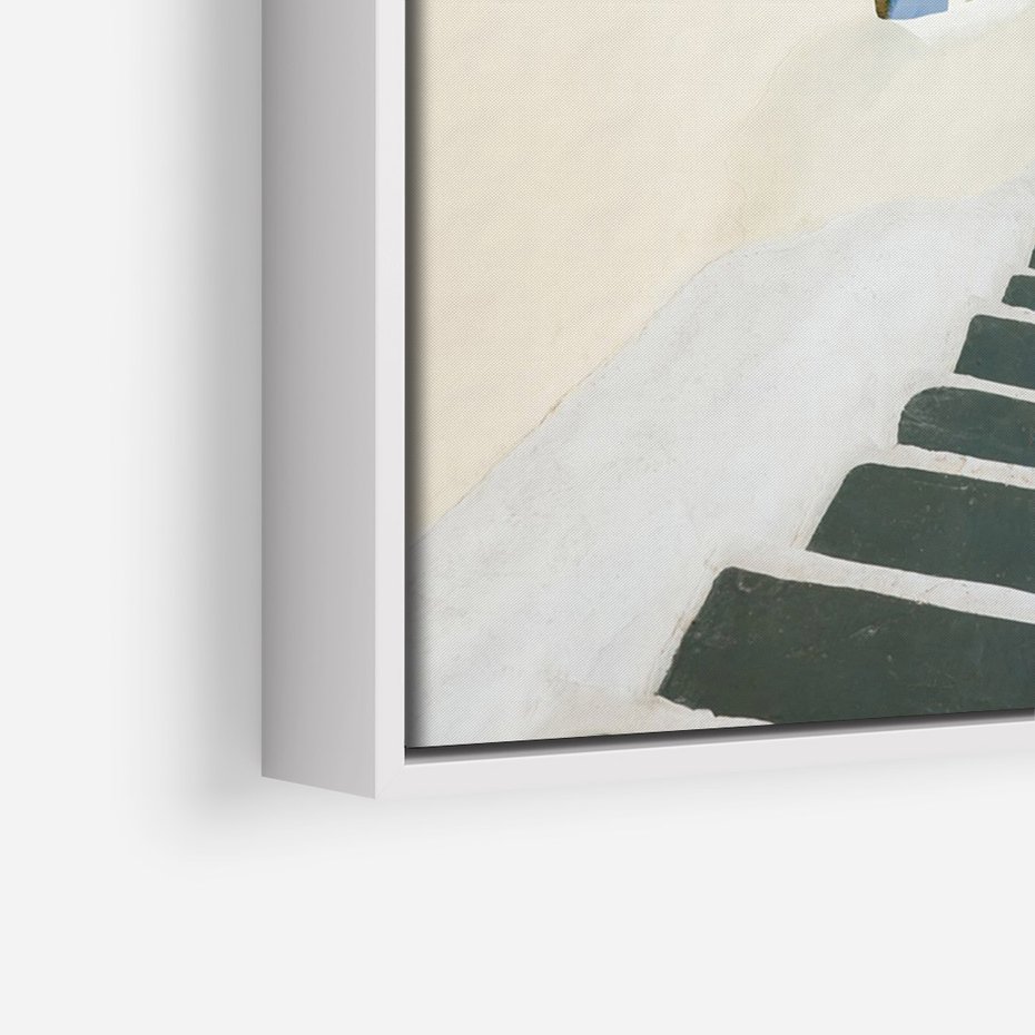 Obraz w ramie 70x100 - Malowniczy urok wyspy - Santorini, schodki - rama biała