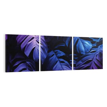 Obraz na płótnie 150x50 - Mroczna Magia Dżungli - mroczna grafika, fioletowe liście monstery na czarnym tle