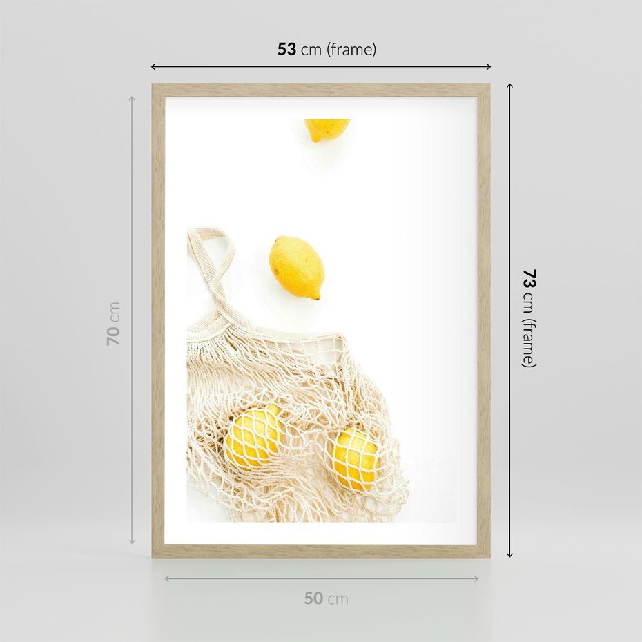 Plakat w ramie 50x70 - Cytrynowa Siatka - cytryny, materiałowa siatka - rama drewno