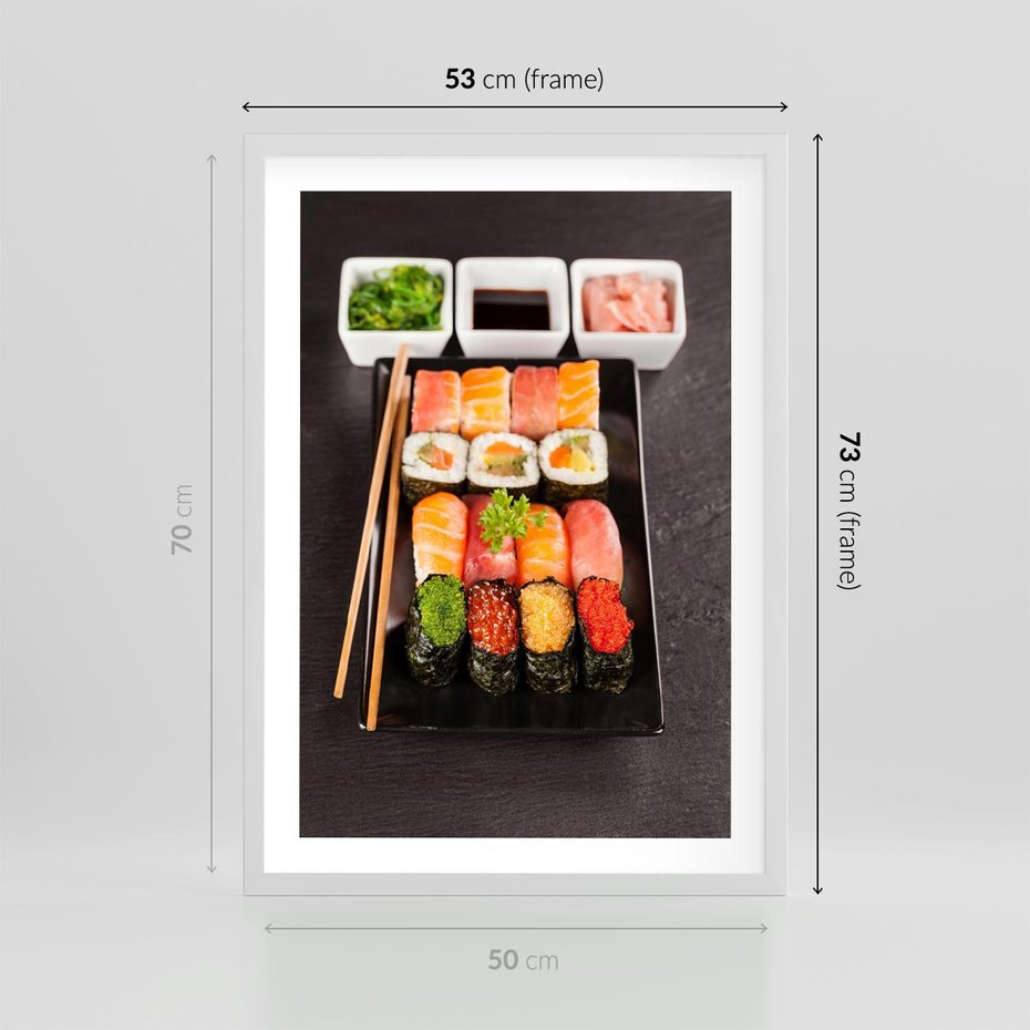 Plakat w ramie 50x70 - Kulinarne podróże do Japonii - sushi, japonia - rama biała