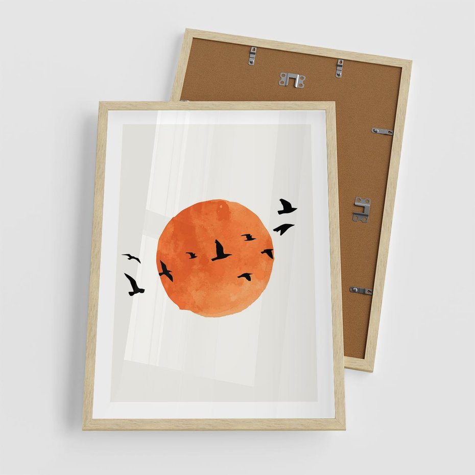 Plakat w ramie 50x70 - Zachód Słońca i Ptaki - grafika akwarela, czarne ptaki na tle zachodu słońca - rama drewno