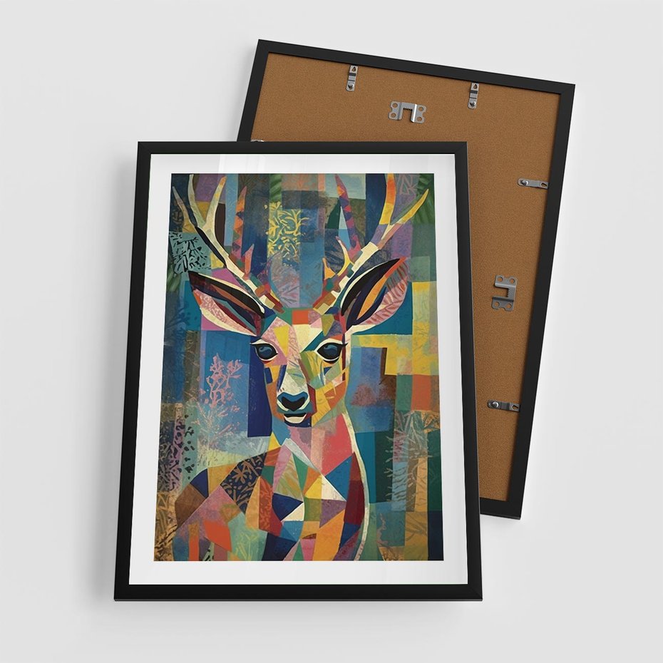 Plakat w ramie 50x70 - Bezgraniczne Kontury Zaskoczenia - abstrakcyjny obraz olejny, jeleń - rama czarna