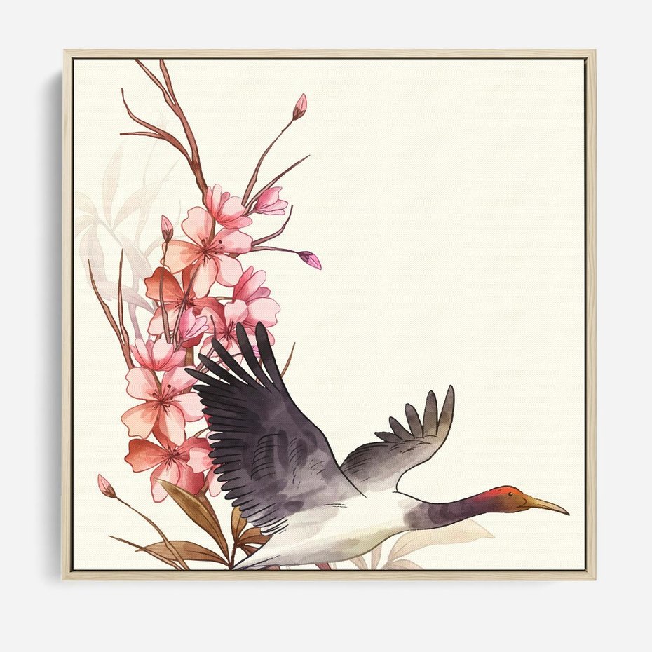 Obraz w ramie 50x50 - Szept Japonii - japońska sztuka, ptak - rama drewno