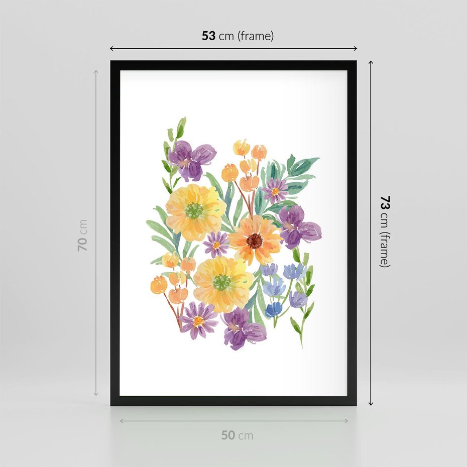 Plakat w ramie 50x70 - Kwiatowe Wibracje - akwarelowe polne kwiaty, minimalistyczny plakat - rama czarna