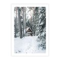 Plakat bez ramy 40x50 - Spokój Zimowej Przygody w Lesie - domek w górach w lesie, zima