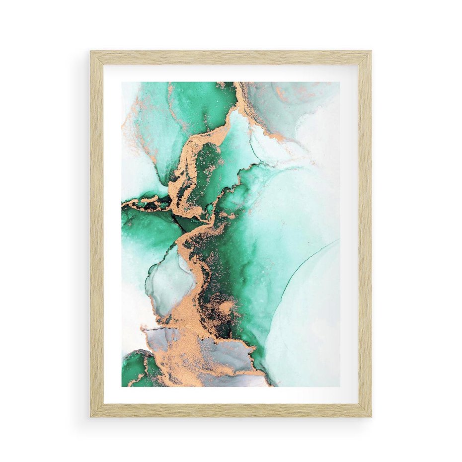 Plakat w ramie 50x70 - Marmur, Zieleń i Złoto - marmur, zieleń i złoto - rama drewno