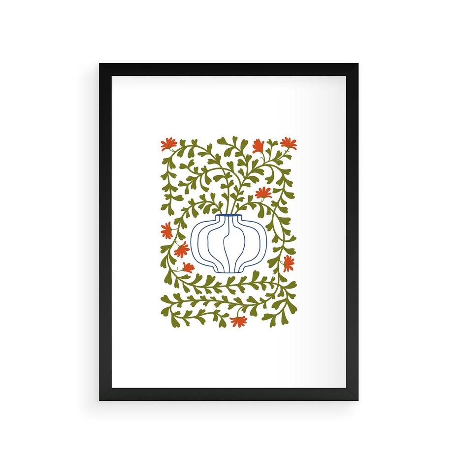 Plakat w ramie 30x40 - Wewnętrzne Fale - kwiaty w wazonie, minimalizm - rama czarna