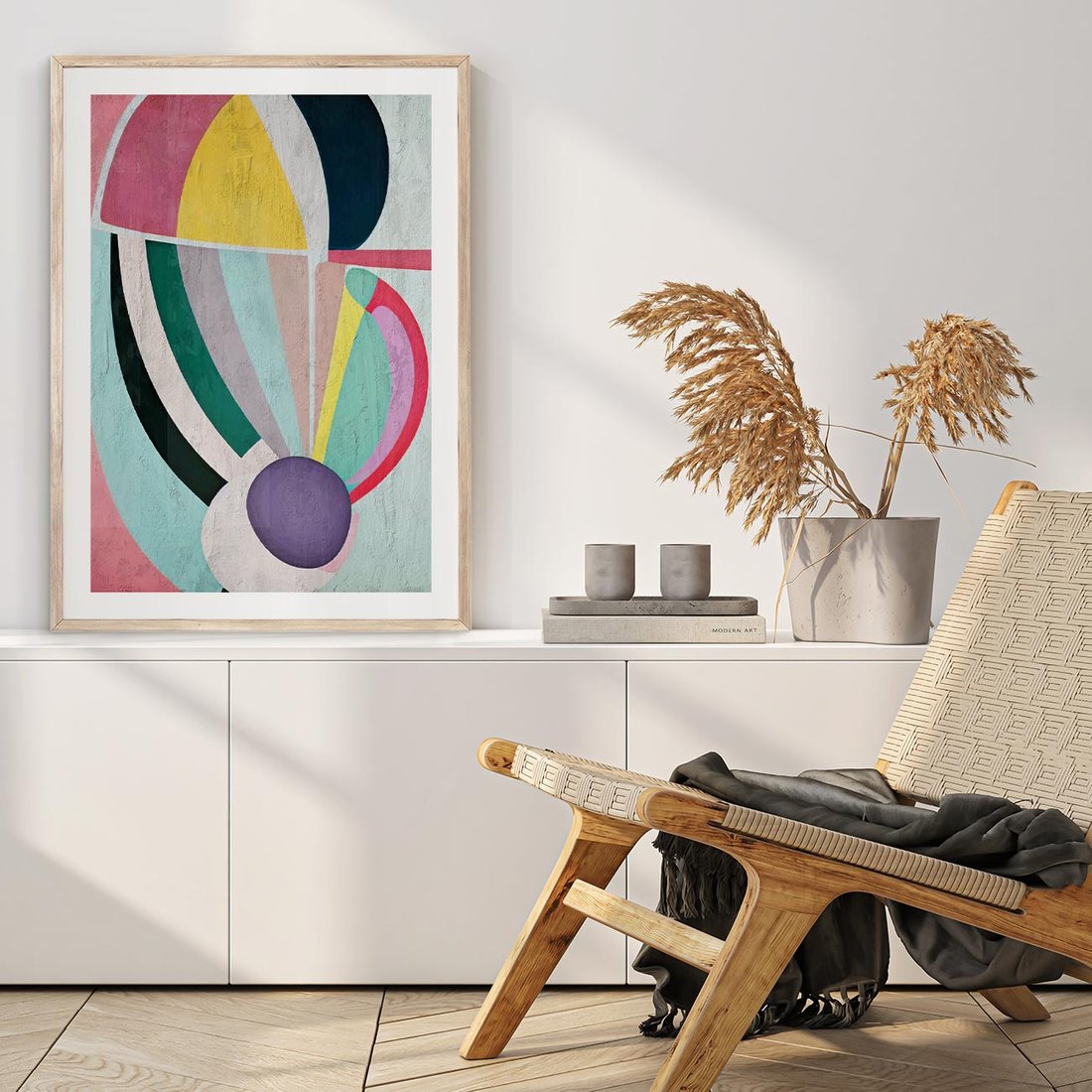 Plakat w ramie 50x70 - Podróżne Echa Przestrzeni - abstrakcyjne dziwne kształty, olejny obraz - rama drewno