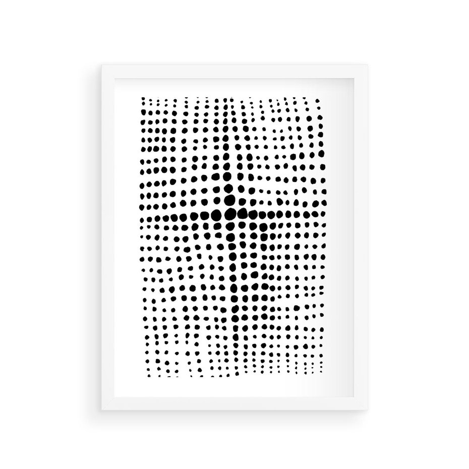 Plakat w ramie 30x40 - Refleksje Monochromatycznych Widoków - abstrakcyjna kompozycja z czarnych kropek, minimalistyczny czarno bialy plakat - rama biała