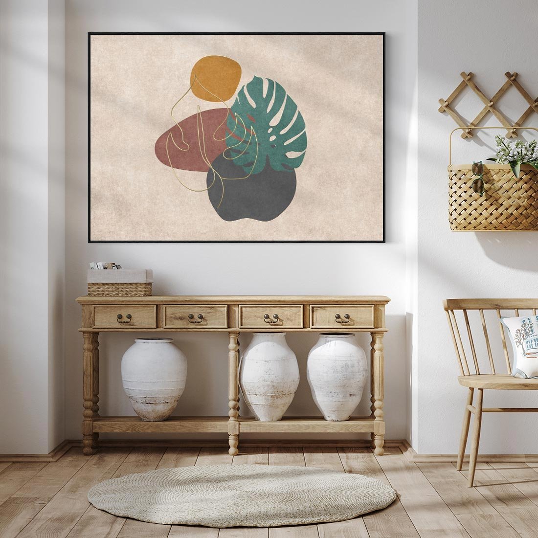 Obraz w ramie 70x50 - Akwarelowa Magia Liści - grafika, styl mid century - rama czarna