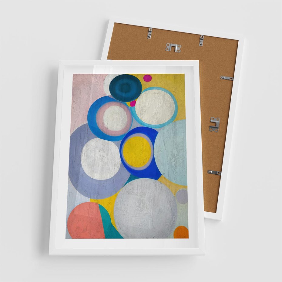 Plakat w ramie 50x70 - Rozkwitająca Symfonia Serca - abstrakcyjne geometryczne kształty, olejny obraz - rama biała