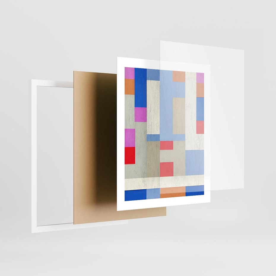 Plakat w ramie 40x50 - Bezczasowe Przenikanie Kształtów - abstrakcyjne geometryczne kształty, olejny obraz - rama biała