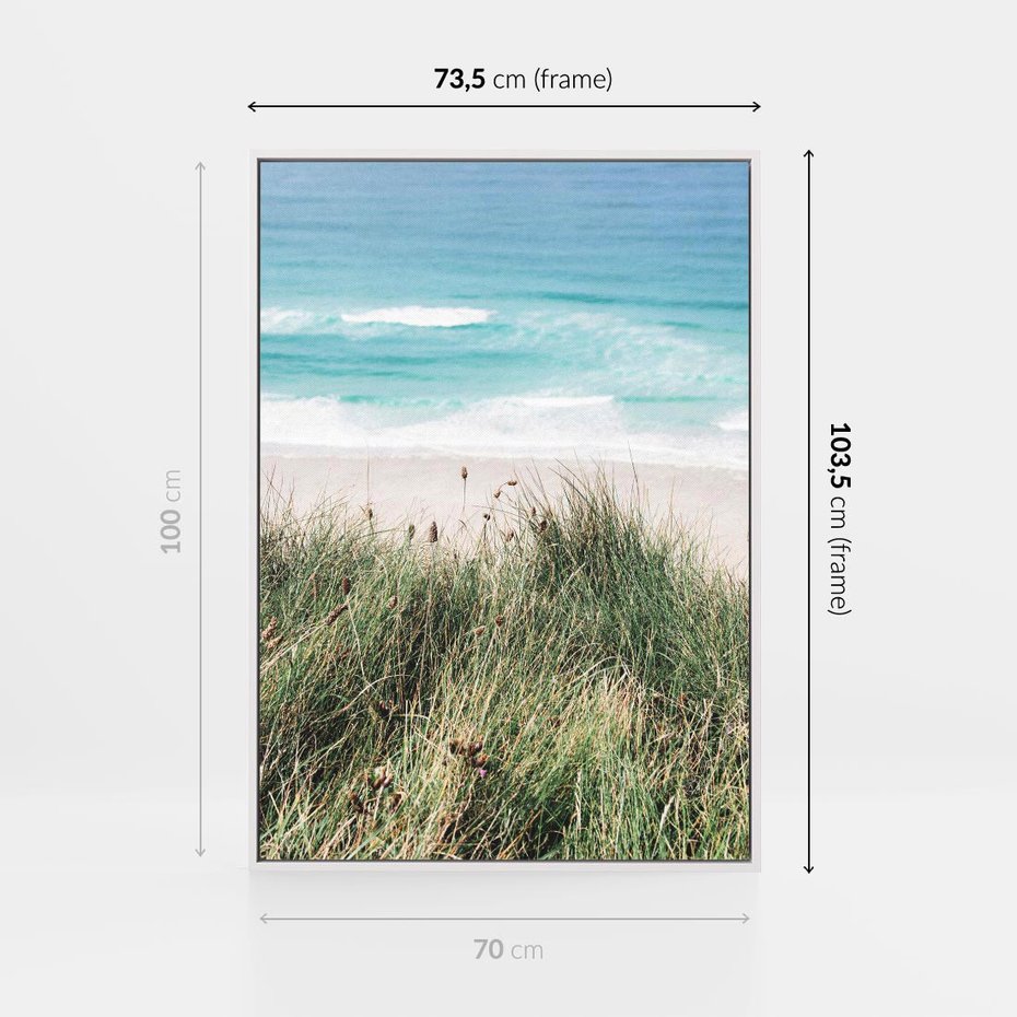 Obraz w ramie 70x100 - Harmonia Natury - widok z wydm, wydmy porośnięte trawami - rama biała
