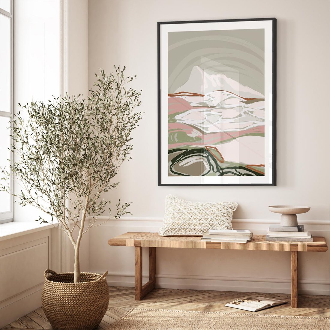 Plakat w ramie 50x70 - Szarawe Wzgórza - pastelowy krajobraz, nowoczesny plakat - rama czarna