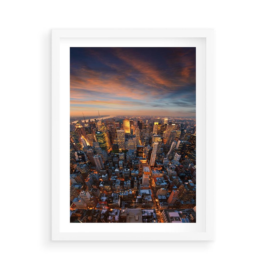 Plakat w ramie 50x70 - Miasto wieżowców w perspektywie - miasto, wieżowce - rama biała