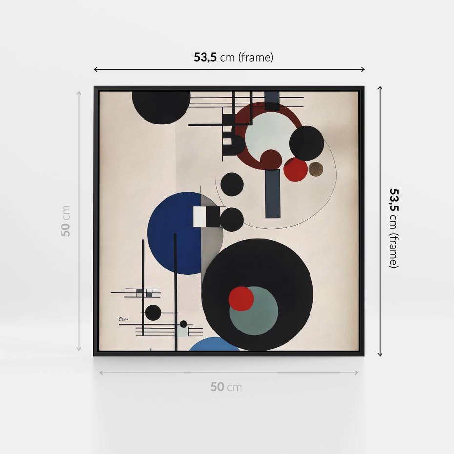 Obraz w ramie 50x50 - Rozkwitające Wibracje Wyobraźni - abstrakcyjna geometryczna kompozycja, koła linie - rama czarna