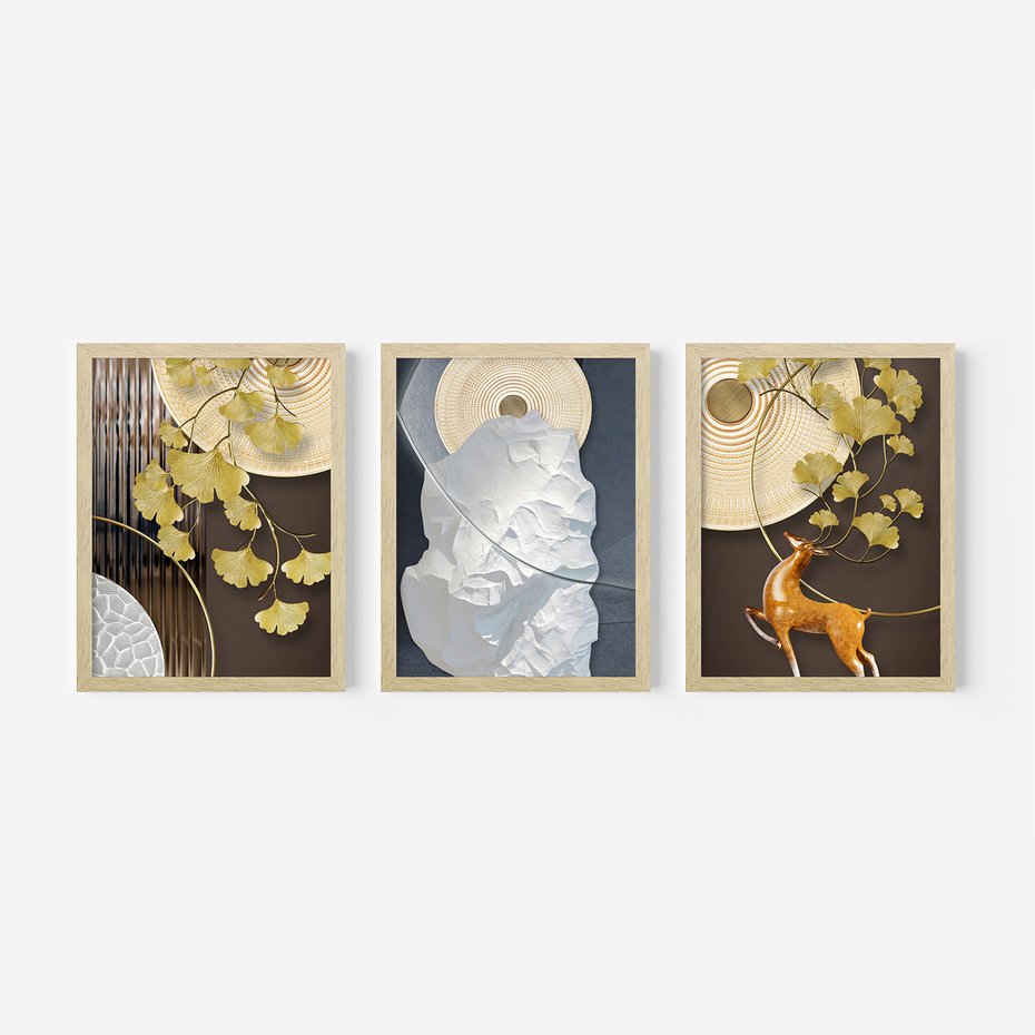 Zestaw obrazy w ramie 50x70 galeria - Japońskie, liście, abstrakcja, nowoczesny - rama drewno