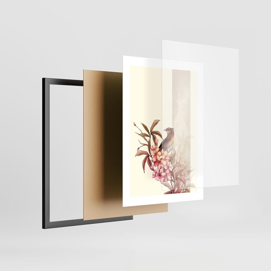 Plakat w ramie 30x40 - Kwiatowe Zanurzenie - japońska sztuka, ptak - rama czarna