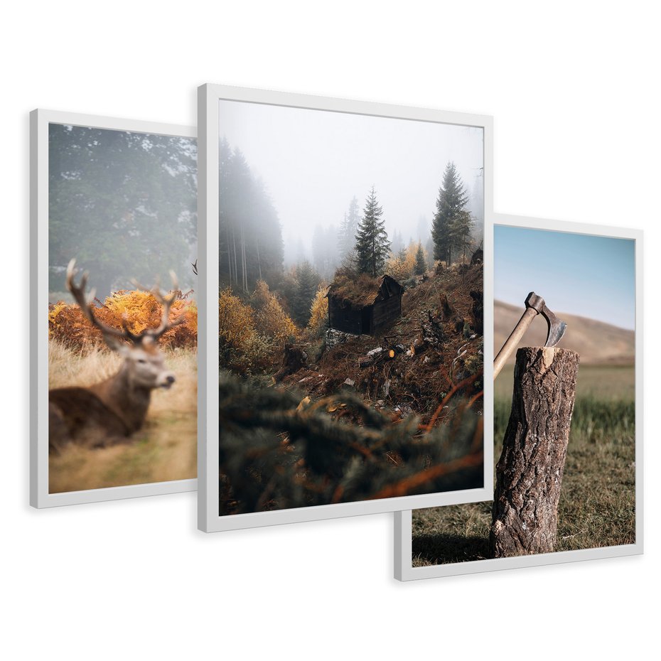 Zestaw obrazy w ramie 40x50 galeria - Góry, jelenie, skandynawski, las - rama biała