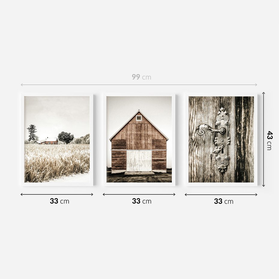 Zestaw obrazy w ramie 30x40 galeria - Rustykalny, tryptyk, klamka, kłódka, domek - rama biała