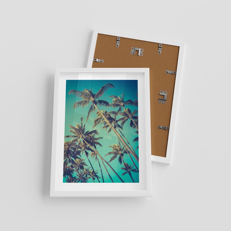 Plakat w ramie 30x40 - Tropikalne palmy w krainie słonecznych wakacji - palmy, tropiki - rama biała