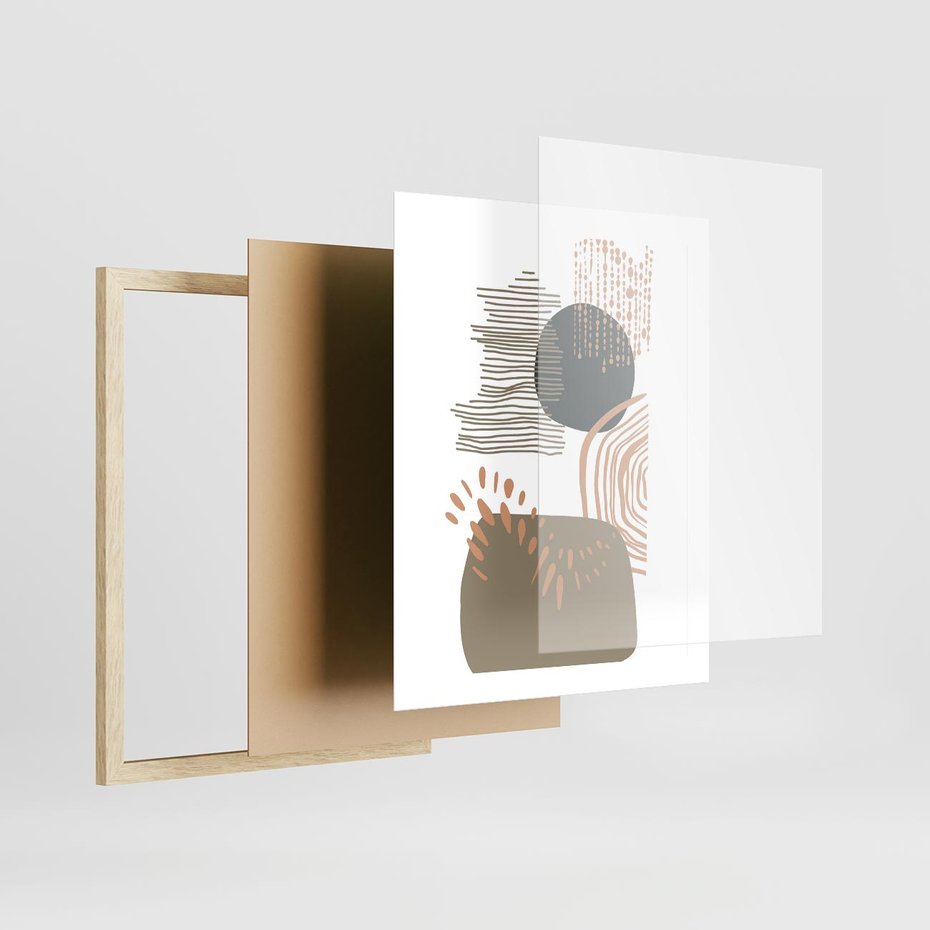 Plakat w ramie 40x50 - Taniec Plam - abstrakcyjna kompozycja z kropek kresek i kółek, odcienie brązu i beżu - rama drewno