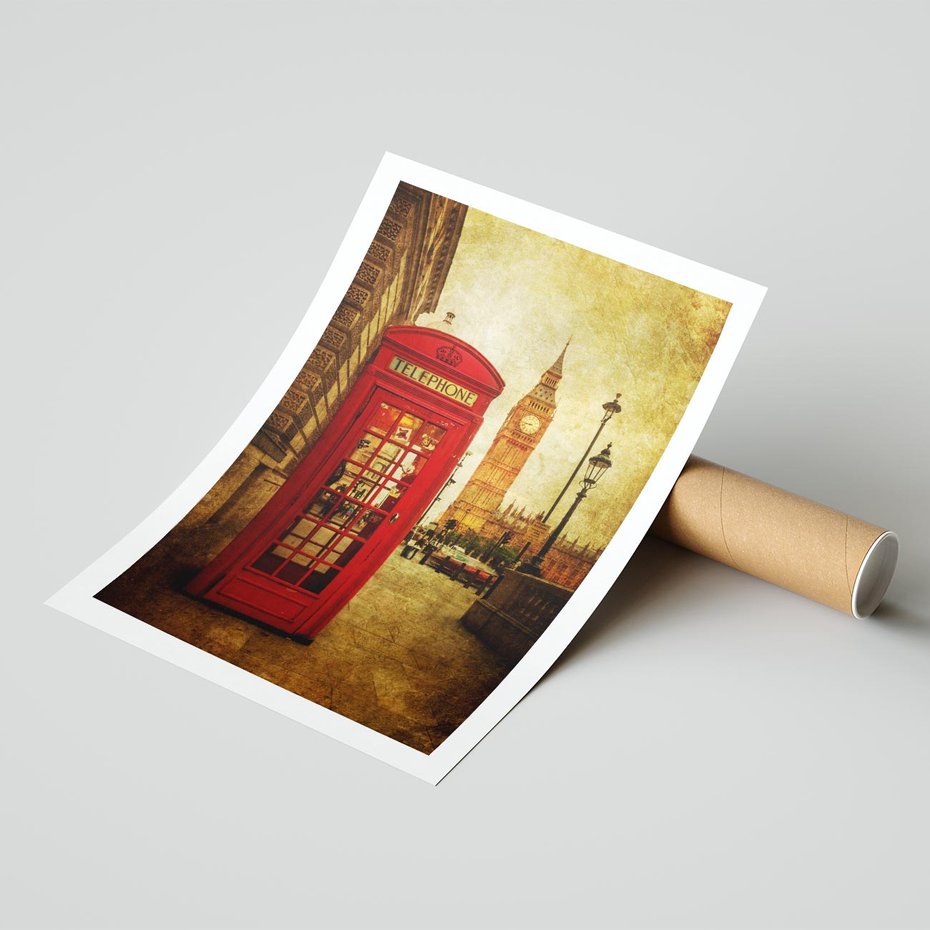 Plakat bez ramy 50x70 - Ikoniczna budka telefoniczna w Londynie - sepia, budka