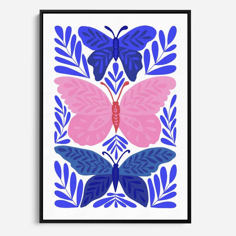 Obraz w ramie 70x100 - Delikatna Symfonia Natury - motyle, rośliny - rama czarna
