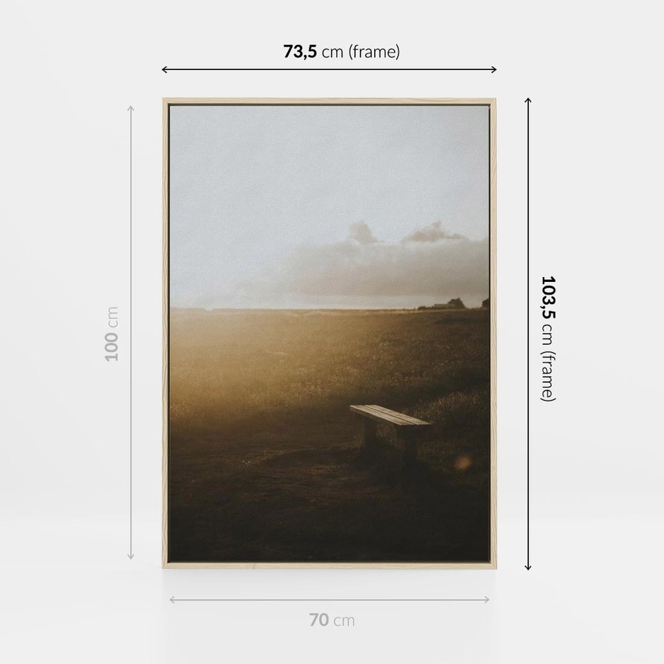 Obraz w ramie 70x100 - Mglisty zachód słońca na ławeczce - mgła, zachód - rama drewno