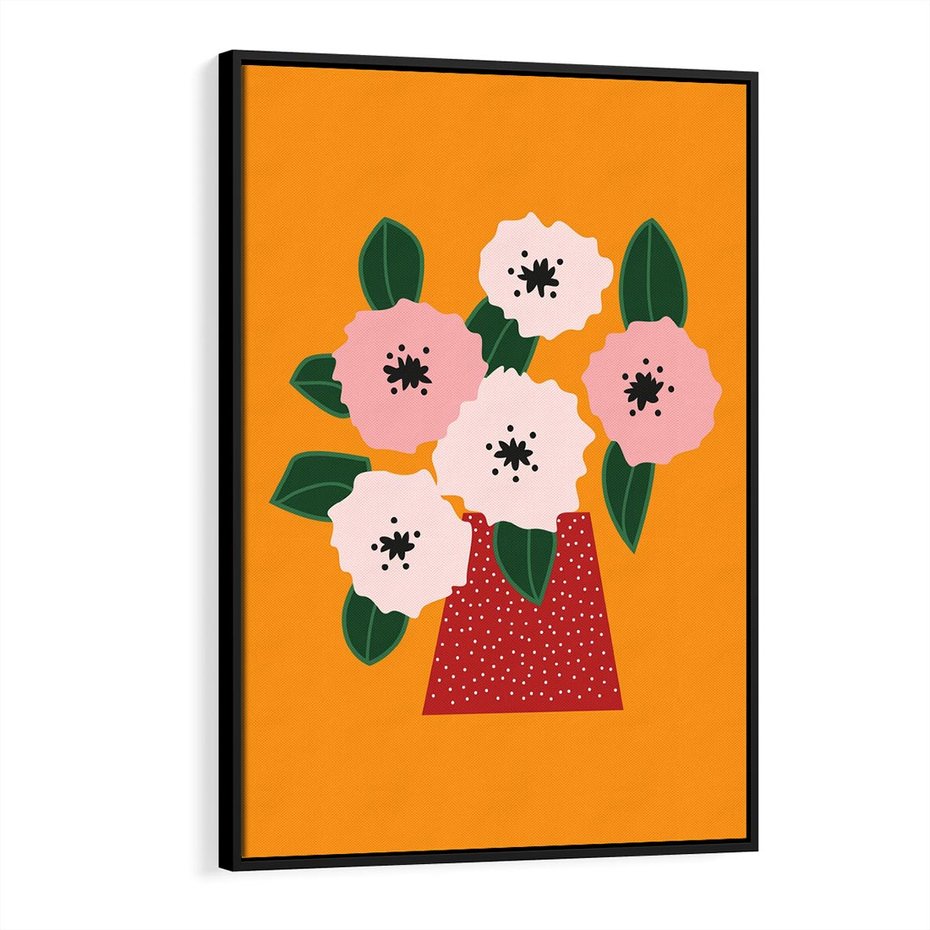 Obraz w ramie 70x100 - Harmonijne Granice - abstrakcyjne kwiaty, żółte tło - rama czarna