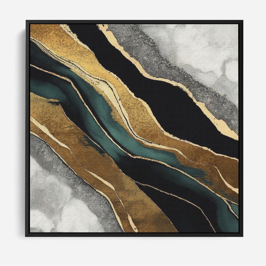 Obraz w ramie 50x50 - Refrakcje płynącej rzeczywistości - jak marmurowa rzeka, linie złota - rama czarna