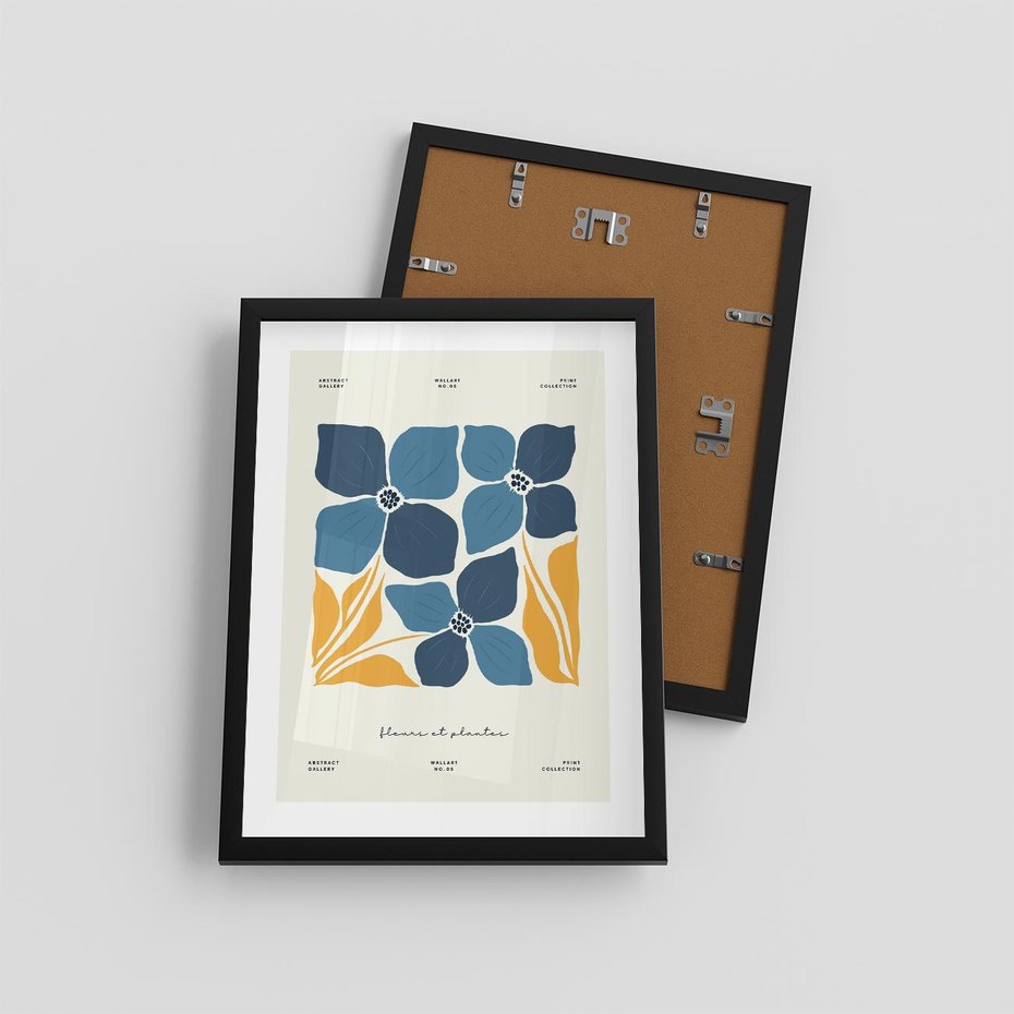 Plakat w ramie 30x40 - Błękitne Nowości - niebieskie kwiaty, nowoczesna sztuka - rama czarna