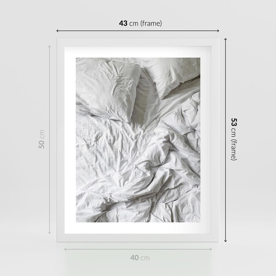Plakat w ramie 40x50 - Biała Pościel na Łóżku - biała pościel, łóżko - rama biała