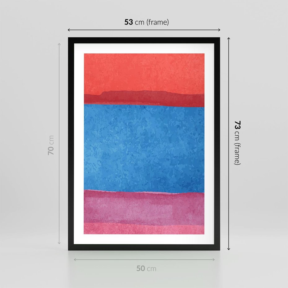 Plakat w ramie 50x70 - Migocące Formy - kolorowe akwarelowe pasy, odcienie czerwień - rama czarna