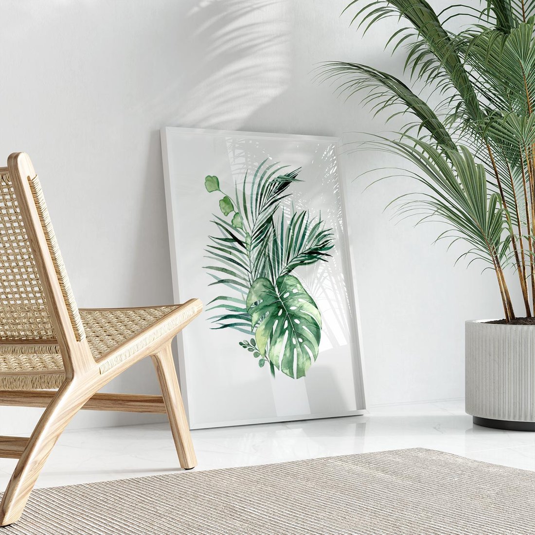Plakat w ramie 30x40 - Liście i Życie: Akwarelowa Oaza - akwarelowy obrazek, pamy - rama biała